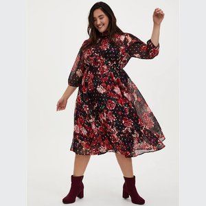 Torrid Burgundy Purple Floral Chiffon Mock Neck Midi Dress Size 2